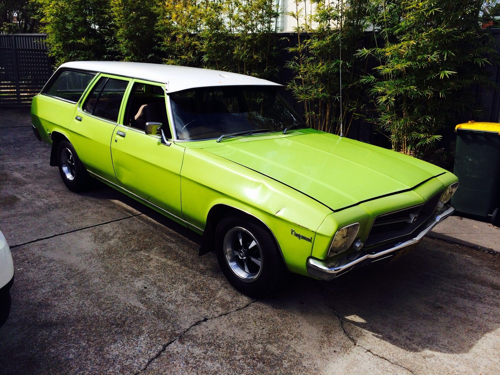HQ Holden in Glacier White over Barbados Green — Kingswood Station Sedan