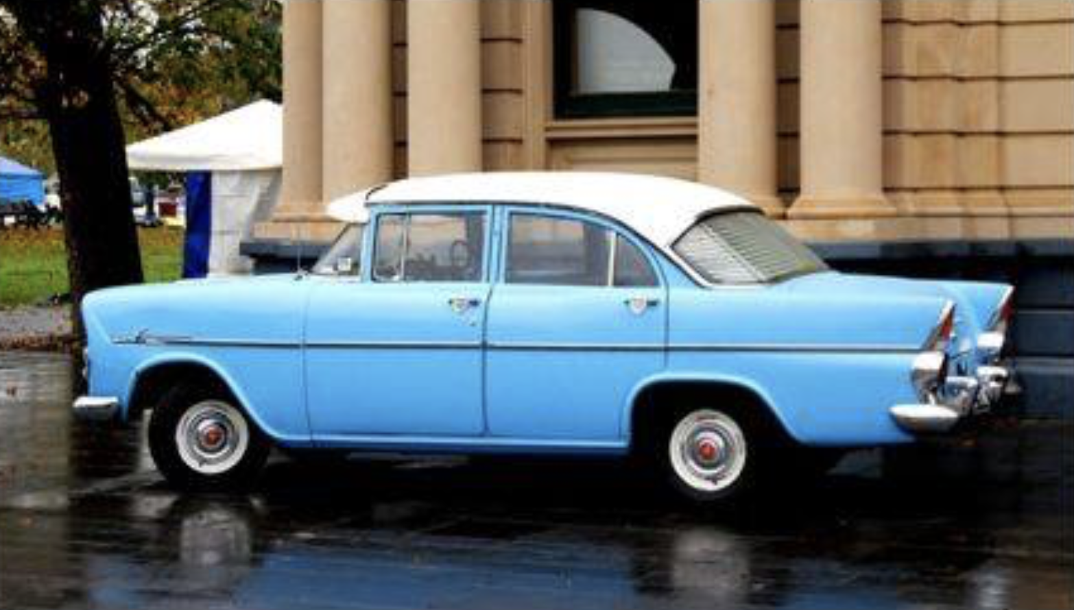 EK Holden in Grecian White over Strata Blue — Special Sedan