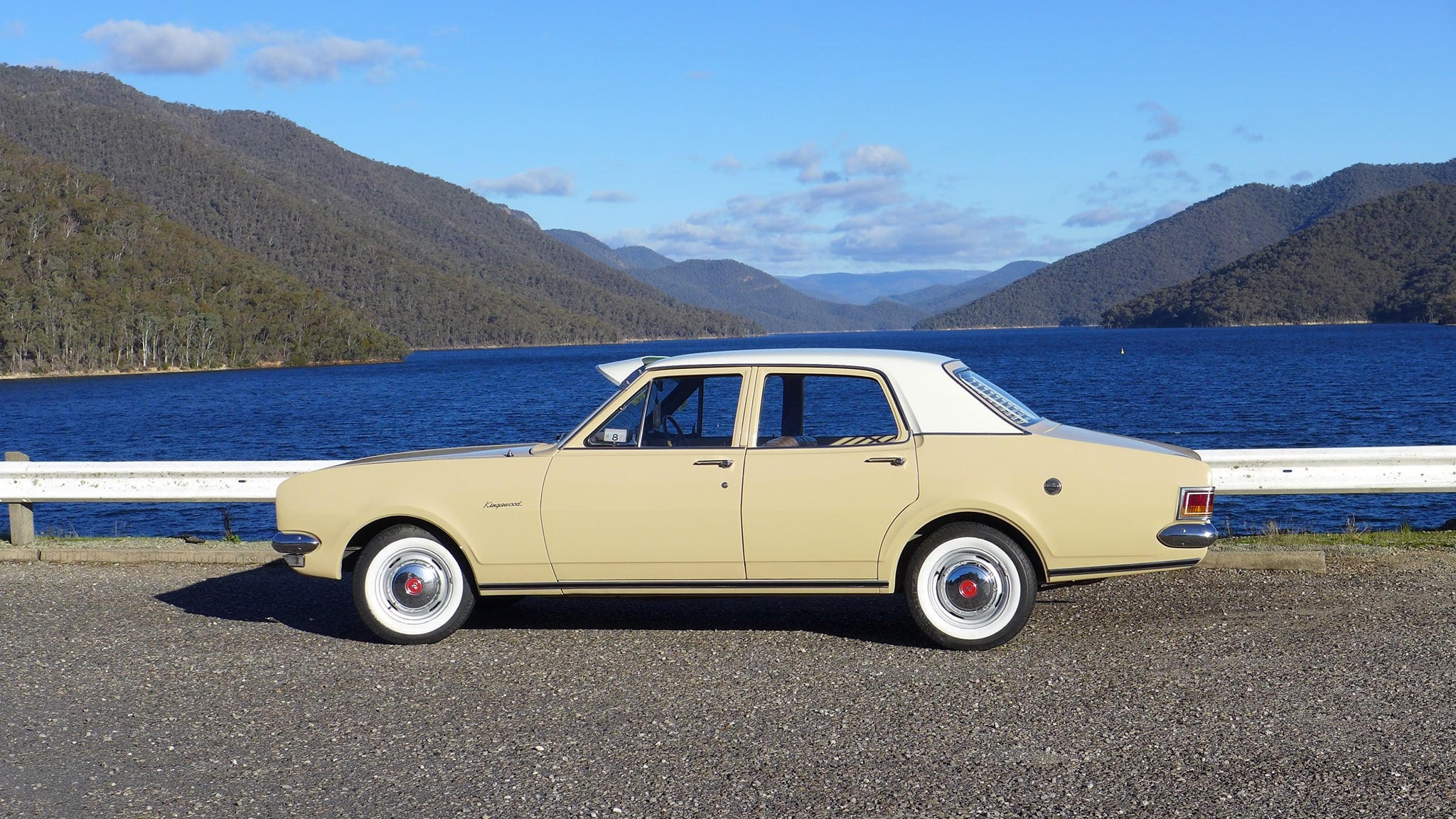 HG Holden in Kashmir White over Sudan Beige — Kingswood Sedan