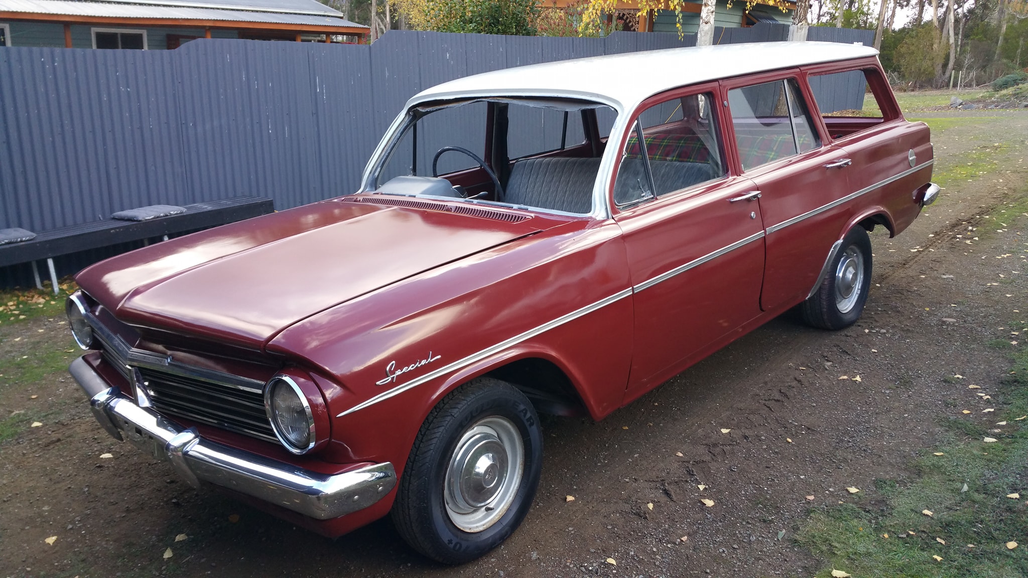 EH Holden in Fowlers Ivory over Winton Red — Special Station Sedan