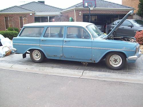 EH Holden in Fowlers Ivory over Barwon Blue — Special Station Sedan